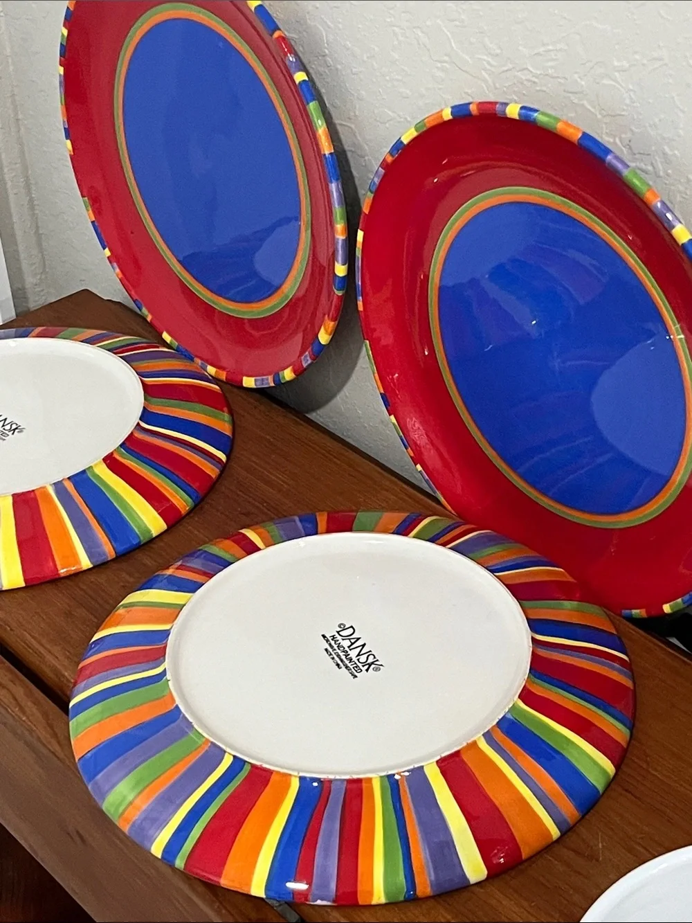 Dansk VTG Hand-Painted Antiqua Bright Dinner Plates with Multicolor Rim (4)